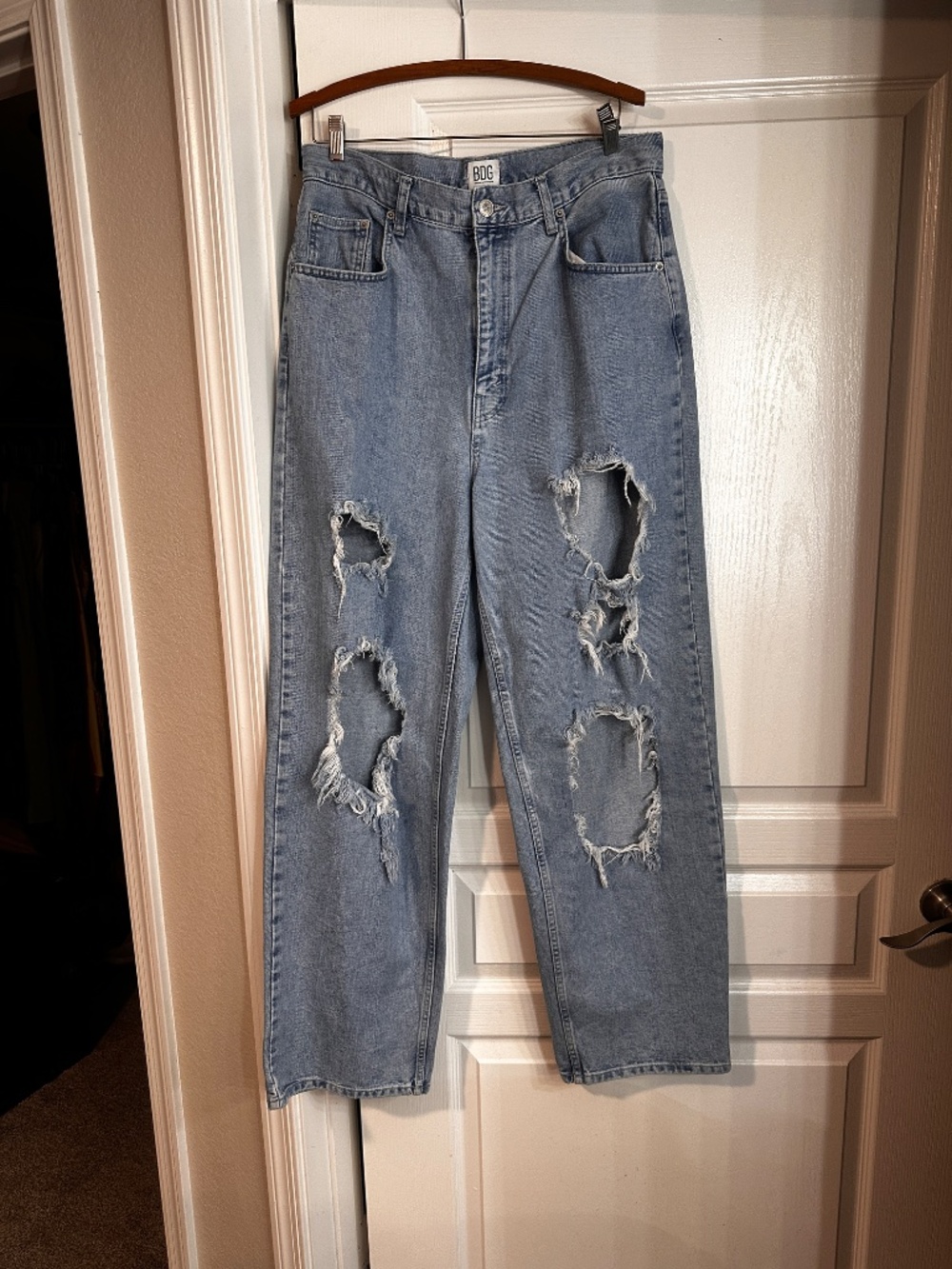 BDG high rise baggy blue jeans with distressed details
